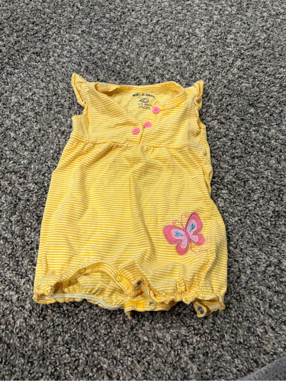 Yellow Striped Baby Romper with Pink Butterfly | 3-6 months